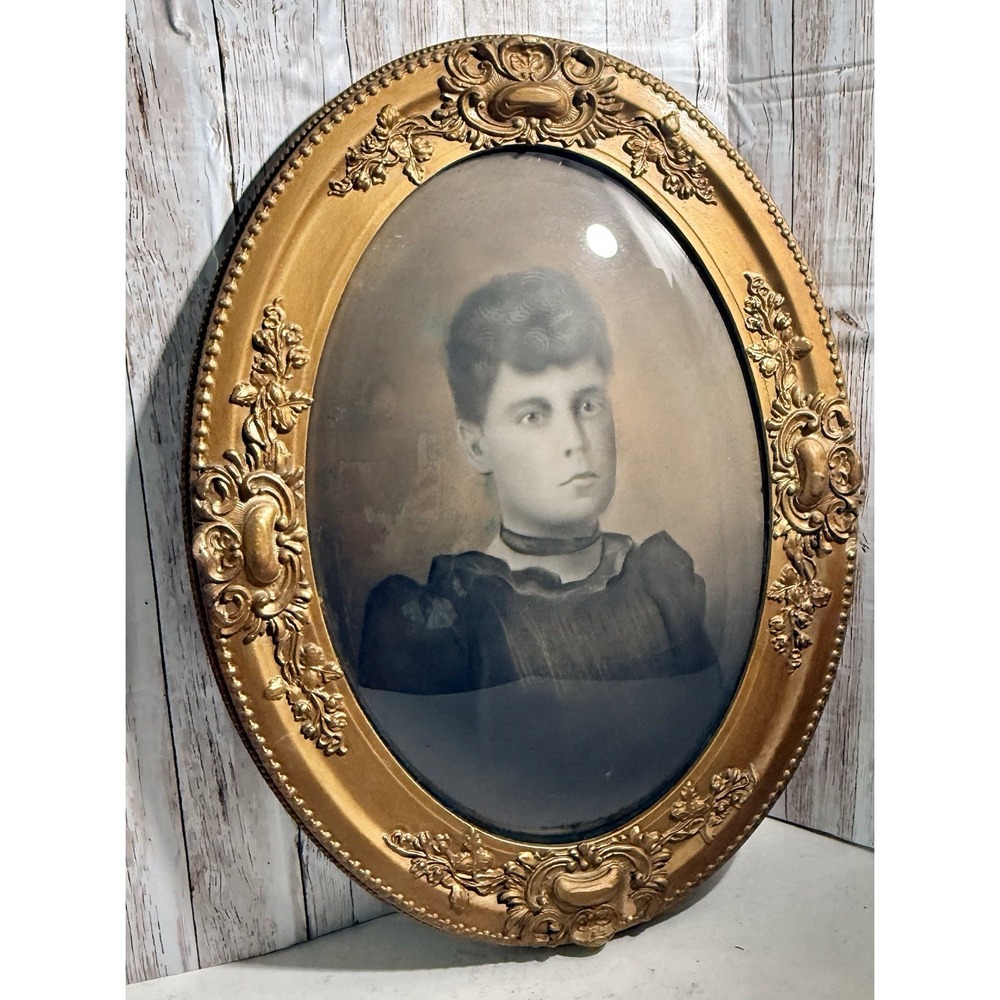 Antique Charcoal Portrait Woman Oval Bubble Glass Ornate Gold Gesso Frame 18x24
